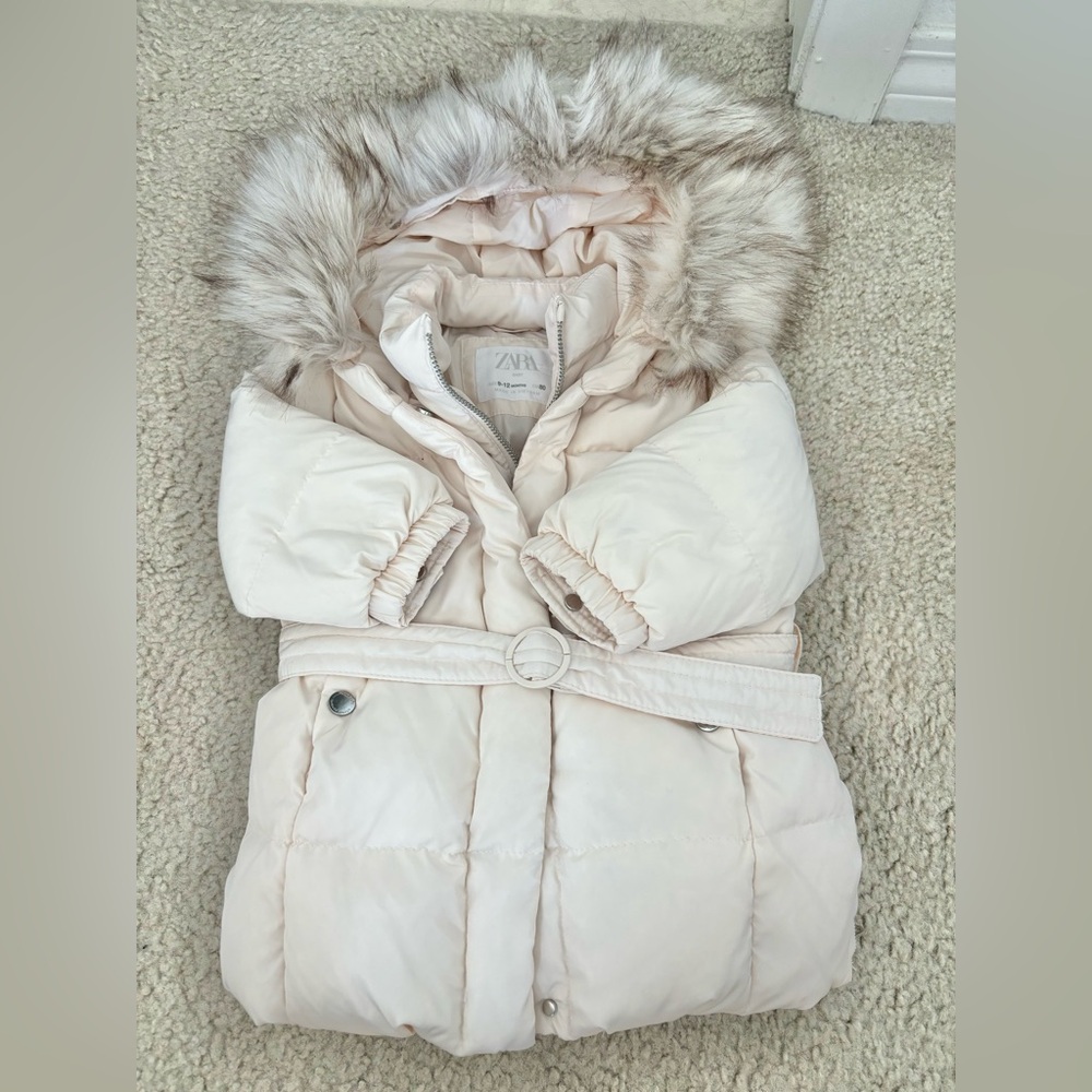 Zara Kids Cream Puffer Jacket with Faux Fur Hood